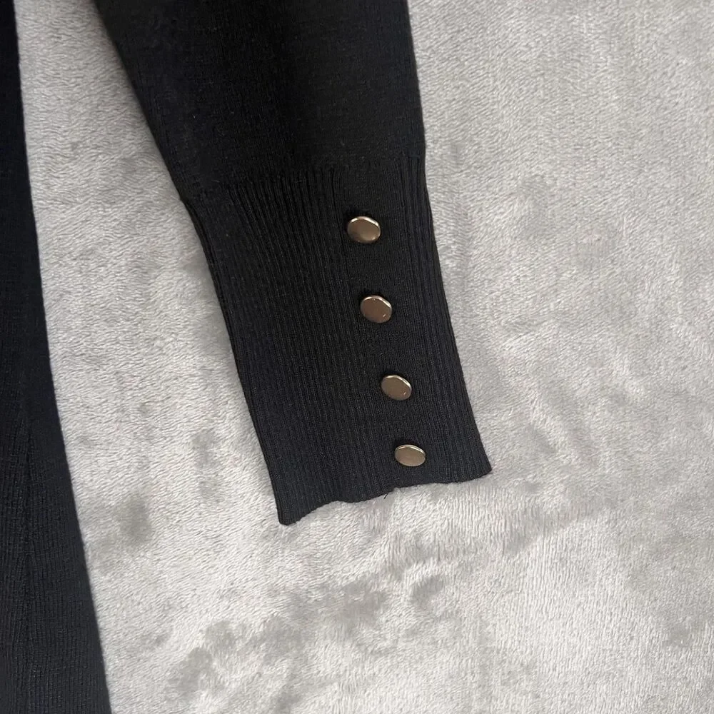 Cyrus Black Longline Open Front Cardigan Women’s M Gold Button Cuff Sweater